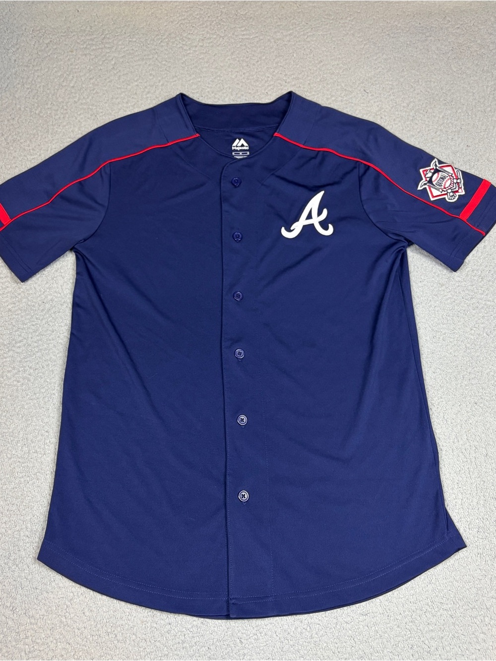 Atlanta Braves Jersey Men’s Medium Navy Blue Baseball Majestic MLB Embroidered